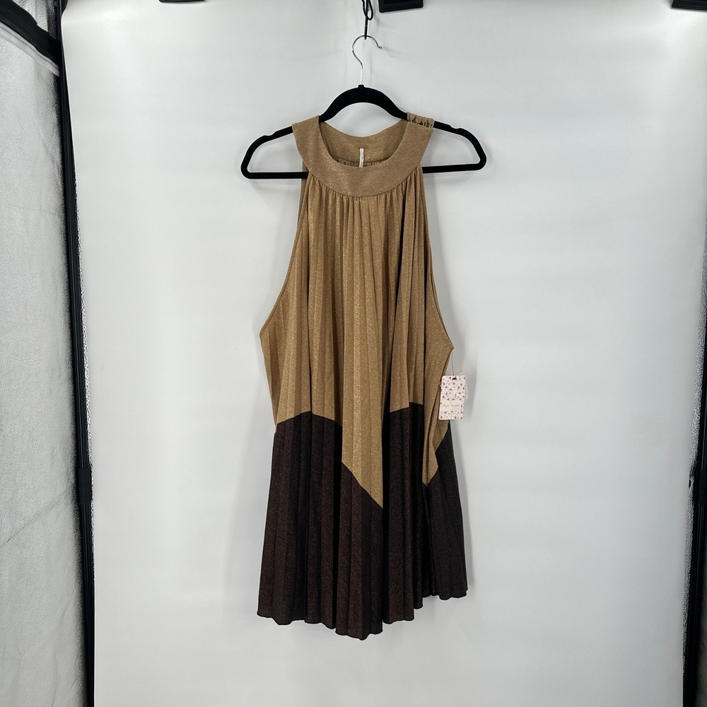 New Free People Gold Metallic Pleated Halter Dress Medium Party Festival